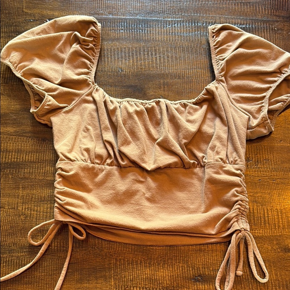 Hollister Brown Puff Sleeve Crop Top with Ruched Tie Front